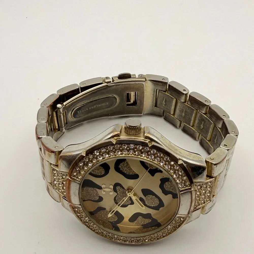 Charming Charlie Gold-Tone Leopard Print Watch with Rhinestone Bezel New Battery